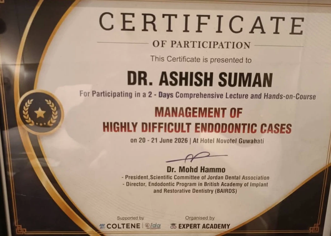 Certificate of participation awarded to Dr Ashish Suman for endodontic course